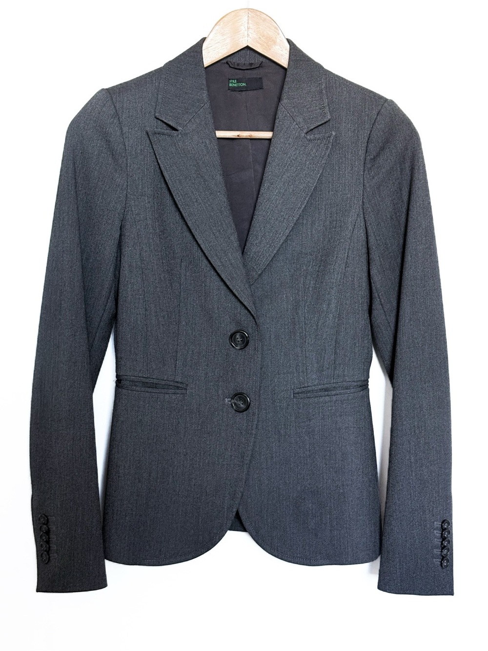 Stile Benetton Charcoal Grey Herringbone Tailored Blazer - Fits Size XS